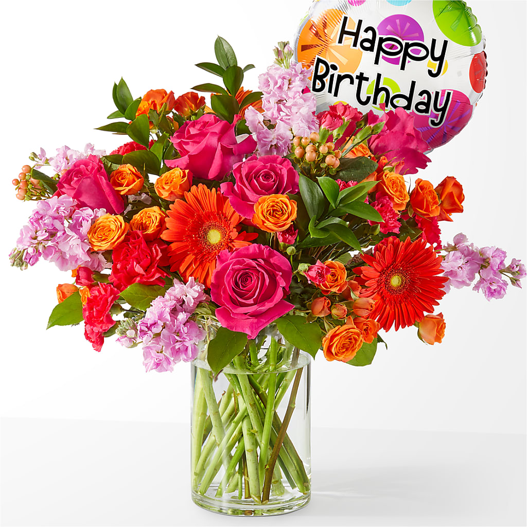 Fiesta Bouquet with Birthday Balloon – Le Fleur Llc, Pelham AL