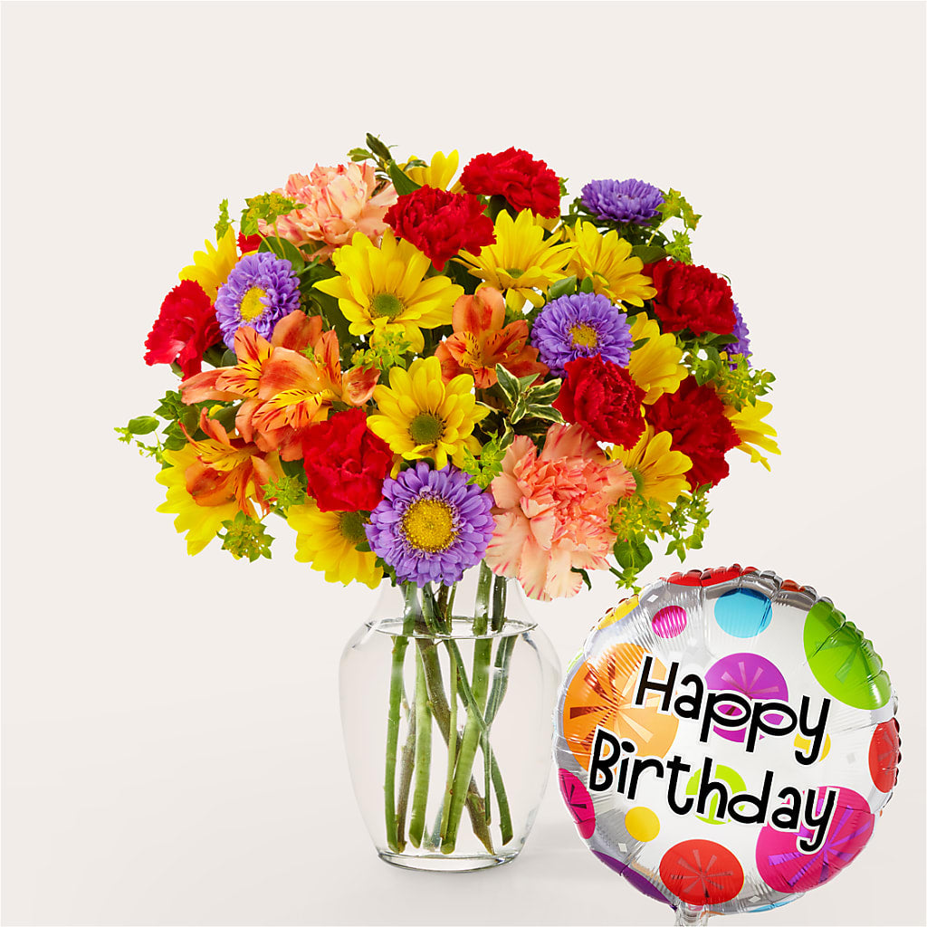 Kaleidoscope Bouquet with Birthday Balloon – Le Fleur Llc, Pelham AL
