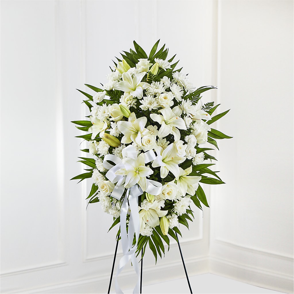Exquisite Tribute Standing Spray-White Ribbon – Le Fleur Llc, Pelham AL